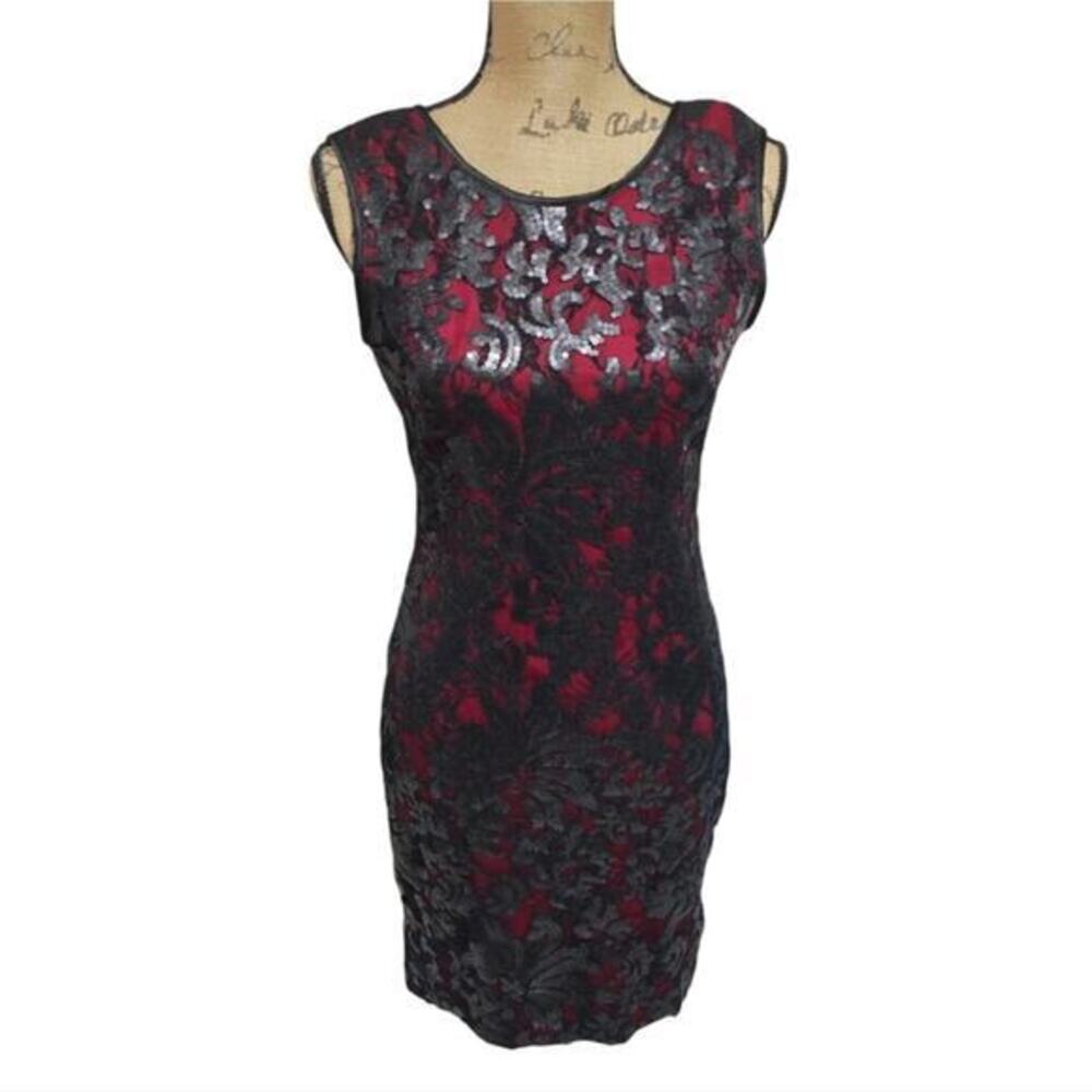 CACHE Cranberry and Black Lace Overlay Sheath Dress Size‎ Small